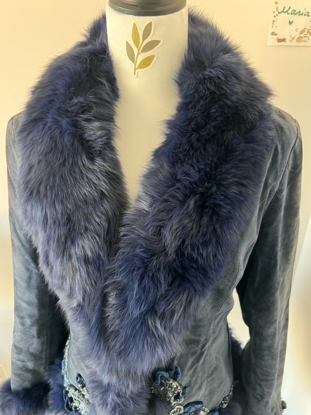 Vintage Navy Suede Jacket with Real Fox Fur Beaded Floral Embroidery S-M Boho - Picture 3 of 14